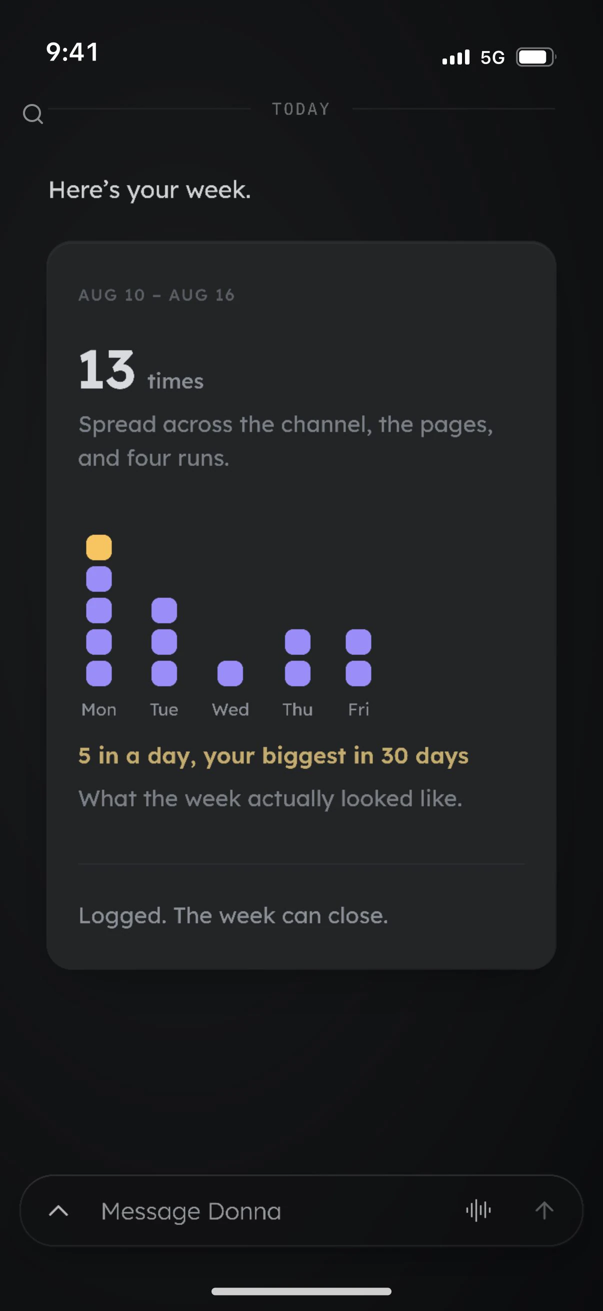 Donna on a phone: the weekly review in the feed, with the composer below it.
